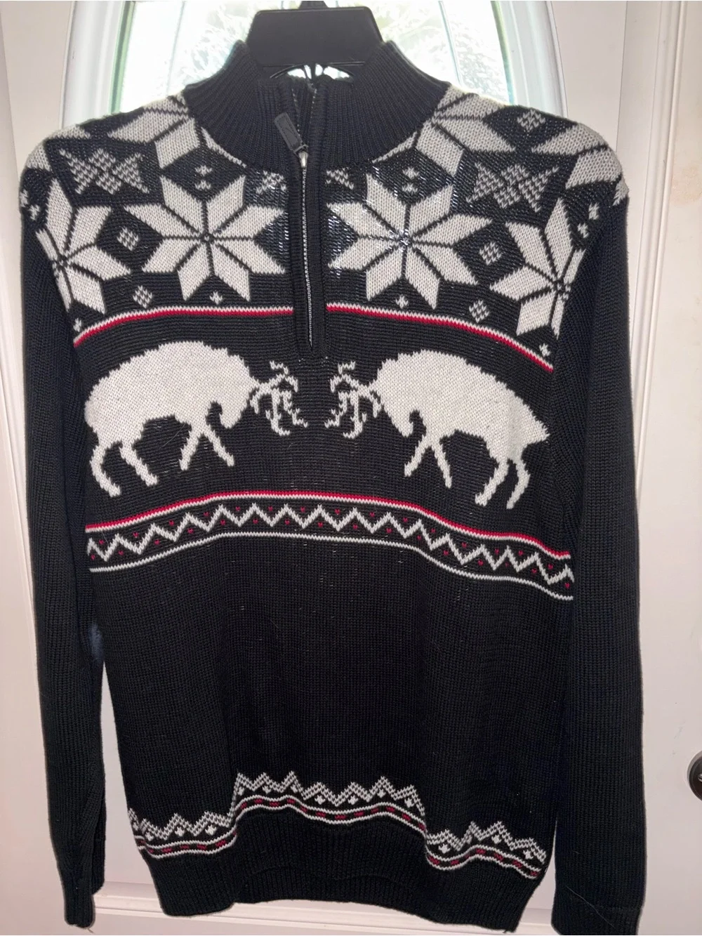 Chaps Nordic fair isle Wild Boar quarter zip sweater size Med black 100%cotton